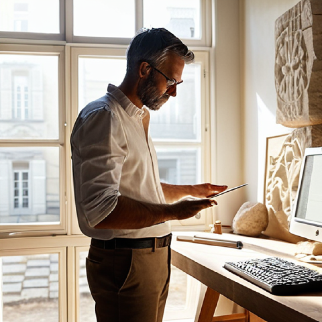 **

A modern architect stands in a sunlit atelier, surrounded by blueprints and digital design tools. He is examining a hand-carved stone block, showcasing the integration of traditional craftsmanship with contemporary architectural design. Soft, natural light illuminates the scene, emphasizing the texture of the stone and the glow of the computer screens. The overall ambiance is one of thoughtful creativity and respect for both heritage and innovation.

**