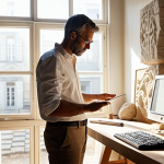 **

A modern architect stands in a sunlit atelier, surrounded by blueprints and digital design tools. He is examining a hand-carved stone block, showcasing the integration of traditional craftsmanship with contemporary architectural design. Soft, natural light illuminates the scene, emphasizing the texture of the stone and the glow of the computer screens. The overall ambiance is one of thoughtful creativity and respect for both heritage and innovation.

**