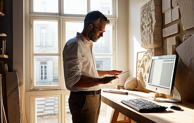 **
A modern architect stands in a sunlit atelier, surrounded by blueprints and digital design tools. He is examining a hand-carved stone block, showcasing the integration of traditional craftsmanship with contemporary architectural design. Soft, natural light illuminates the scene, emphasizing the texture of the stone and the glow of the computer screens. The overall ambiance is one of thoughtful creativity and respect for both heritage and innovation.
**