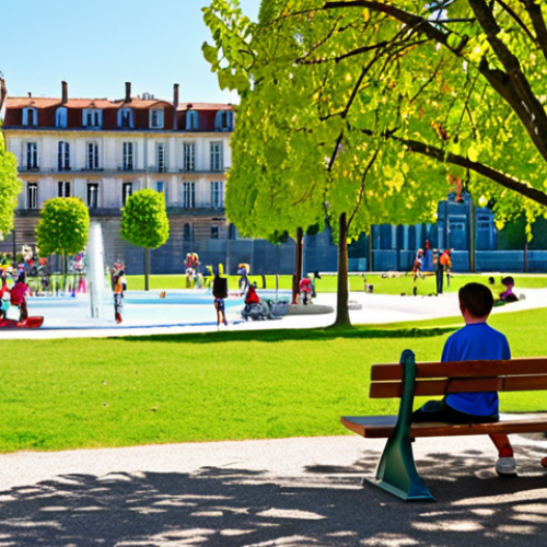 Home 14 **
A vibrant urban park scene in Lyon, France. Intergenerational interaction: children playing, teenagers on sports fields, adults tending shared gardens. Fountains, benches, fruit trees are visible. The atmosphere is lively and community-focused. Consider a sunny, daytime shot.
**