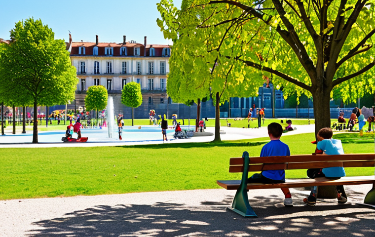 **
A vibrant urban park scene in Lyon, France. Intergenerational interaction: children playing, teenagers on sports fields, adults tending shared gardens. Fountains, benches, fruit trees are visible. The atmosphere is lively and community-focused. Consider a sunny, daytime shot.
**