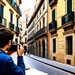 **Architectural promenade in Barcelona's Gothic Quarter:** Capture a vibrant street scene with the photographer sketching a building facade, focusing on architectural details, light, and integration within the urban environment. Include elements like a sketchbook, camera, and perhaps a café in the background.