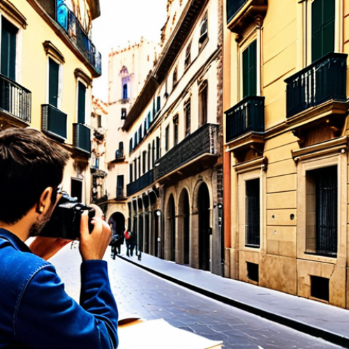 Home 7 **Architectural promenade in Barcelona's Gothic Quarter:** Capture a vibrant street scene with the photographer sketching a building facade, focusing on architectural details, light, and integration within the urban environment. Include elements like a sketchbook, camera, and perhaps a café in the background.