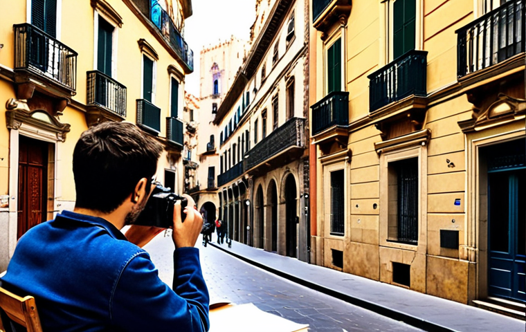**Architectural promenade in Barcelona's Gothic Quarter:** Capture a vibrant street scene with the photographer sketching a building facade, focusing on architectural details, light, and integration within the urban environment. Include elements like a sketchbook, camera, and perhaps a café in the background.