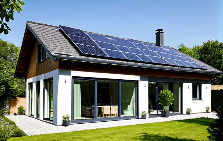 Modern Home with Solar Panels and Green Surroundings**
"A contemporary French home exterior with solar panels integrated into the roof, surrounded by lush greenery and well-maintained landscaping. The house features large, energy-efficient windows. Emphasize sustainability and modern architectural design. Focus on energy efficiency. Appropriate content, fully clothed, safe for work, professional photography, perfect anatomy, correct proportions, natural pose, modest and family-friendly."
**