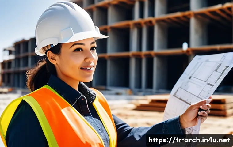 건축분야 자격증 시험 합격률 분석 - **"A confident, diverse female architect in her early 30s, wearing a hard hat and a high-visibility ...