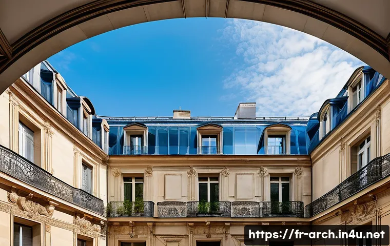 건축사와 건물 리노베이션 사례 - A beautifully restored Parisian Haussmann-style building courtyard featuring a sleek contemporary gl...