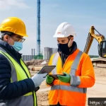 건축기사와 안전 관리 규정 - A modern construction site in France featuring diverse workers wearing advanced personal protective ...