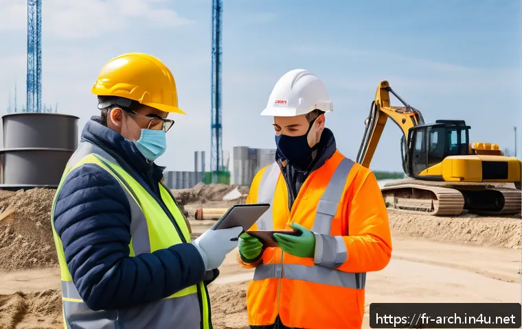건축기사와 안전 관리 규정 - A modern construction site in France featuring diverse workers wearing advanced personal protective ...