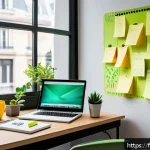 건축기사 시험 준비 동기 부여 방법 - A well-lit, cozy study room with a modern ergonomic desk and chair, decorated with green plants, col...
