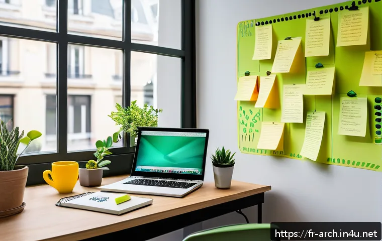 건축기사 시험 준비 동기 부여 방법 - A well-lit, cozy study room with a modern ergonomic desk and chair, decorated with green plants, col...