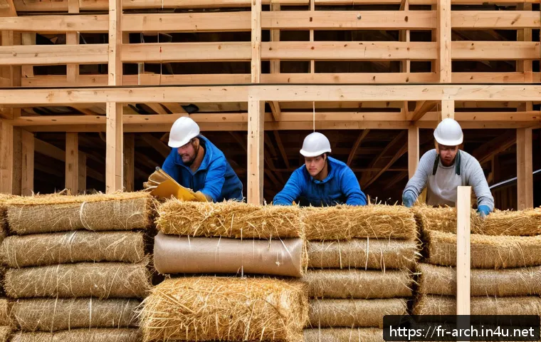 건축기사와 최신 건설 트렌드 - A modern eco-friendly construction site in a French countryside setting, featuring a large load-bear...