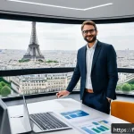 건축사 연봉 협상 전략 - A professional French architect in a modern Parisian office, confidently presenting a digital portfo...