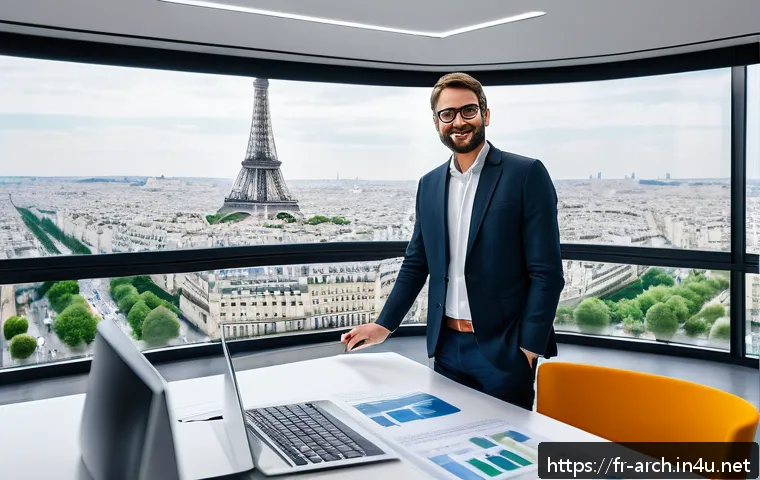 건축사 연봉 협상 전략 - A professional French architect in a modern Parisian office, confidently presenting a digital portfo...