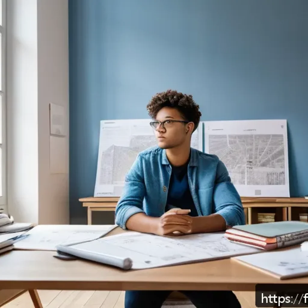 건축기사 자격증 취득 실패 후 재도전 - A focused young French architecture student sitting at a tidy desk in a modern, well-lit study room,...