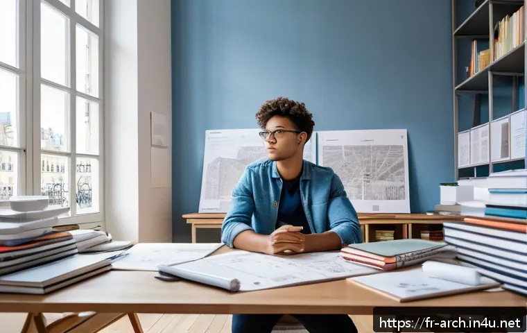 건축기사 자격증 취득 실패 후 재도전 - A focused young French architecture student sitting at a tidy desk in a modern, well-lit study room,...