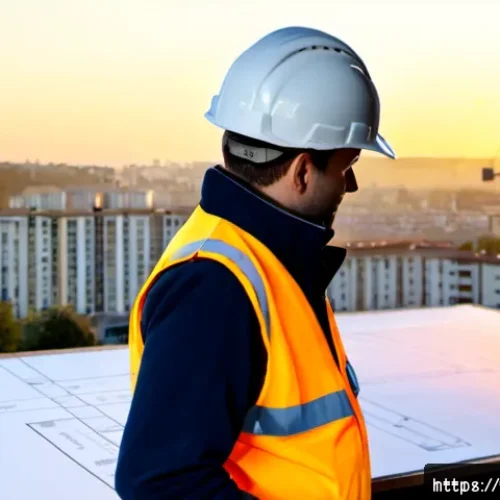Home 17 건축기사로서의 팀 리더 경험 - Photorealistic scene of a French architectural engineering team leader in a safety helmet and reflec...