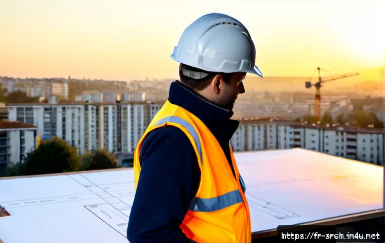 건축기사로서의 팀 리더 경험 - Photorealistic scene of a French architectural engineering team leader in a safety helmet and reflec...