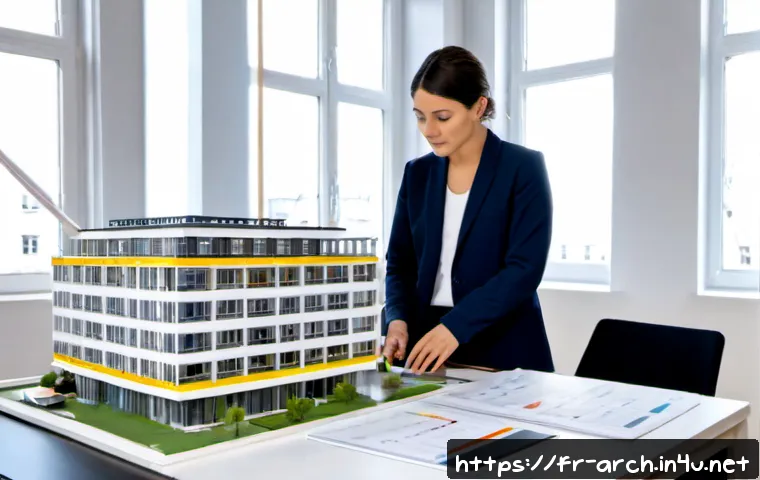 Home 17 건축사와 건물 수명 주기 관리 - Photorealistic French architect in a bright Parisian studio reviewing a building life cycle model wi...