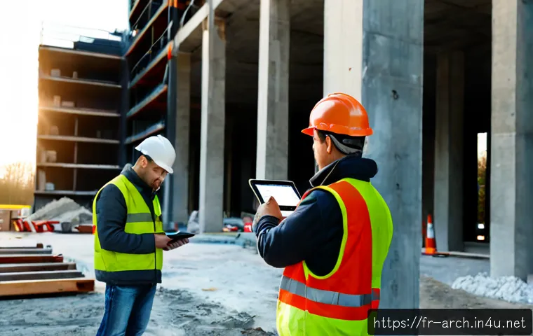 건축기사와 건설 품질 보증 사례 - Photorealistic French construction quality assurance scene, a civil engineer in a hard hat and high-...